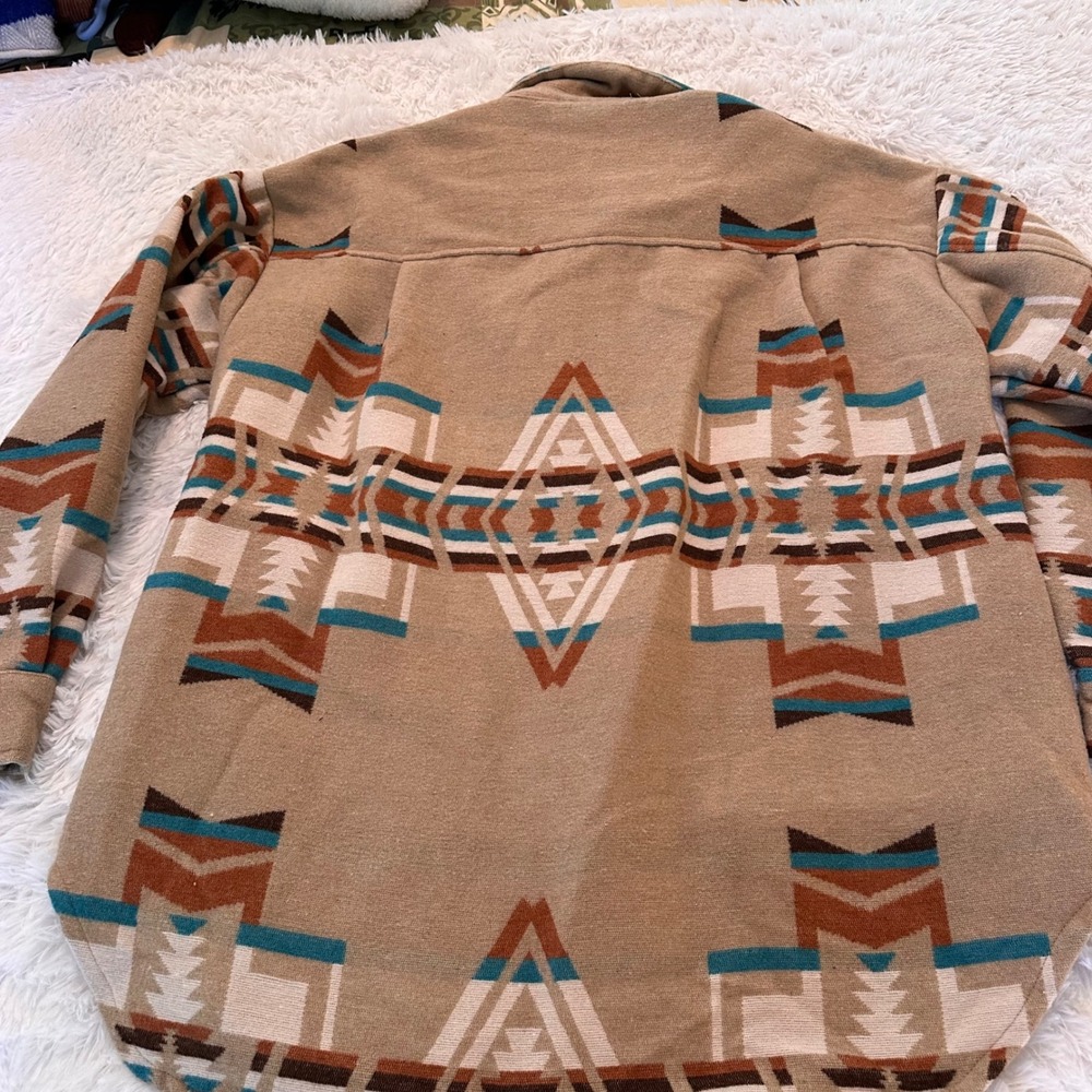 Blue B Collection Aztec Print Shacket Tan Brown Rust Turquoise Medium pockets - Picture 6 of 7